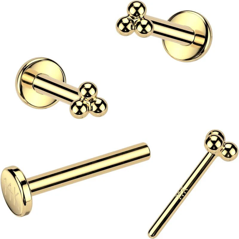 Złoto 585 labret kolczyk do nosa 3 małe kulki push-in - Image 3