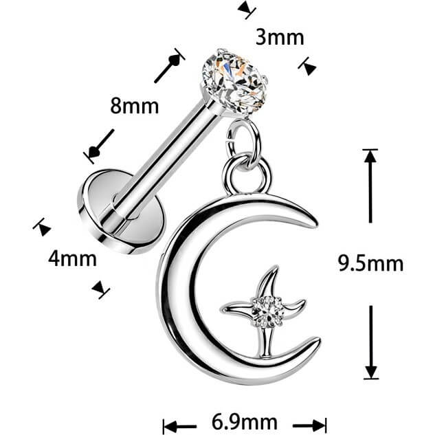 Labret cyrkonia w pazurkach z wiszącym księżycem i gwiazdką push-in - Image 2