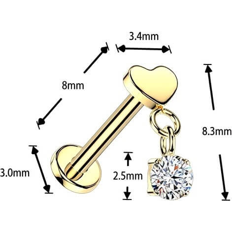 Tytan labret płaskie serce z wiszącą okrągłą cyrkonią push-in - Image 4