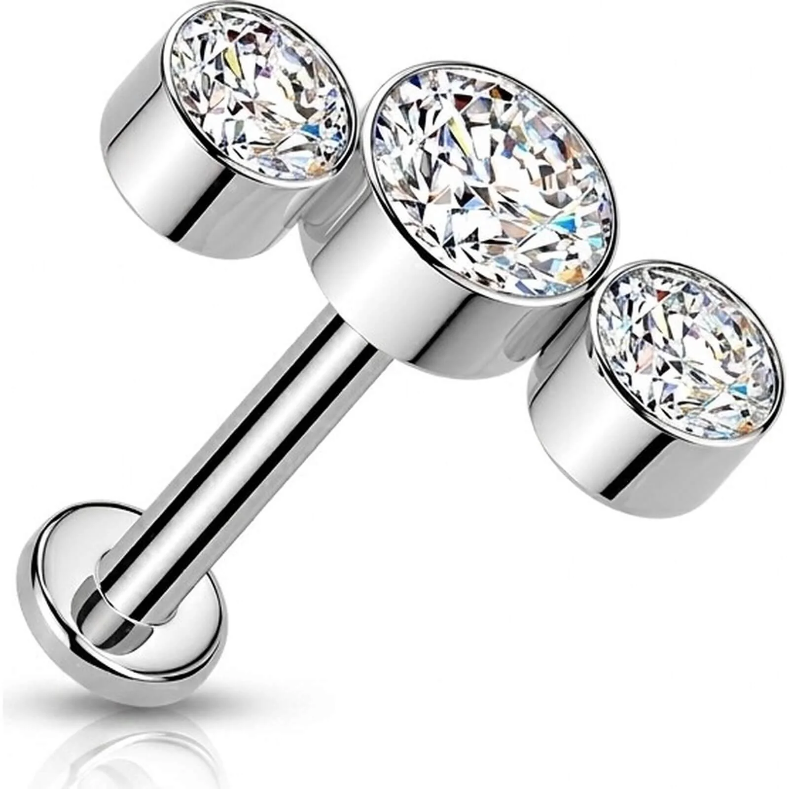 Tytan labret 3 okrągłe cyrkonie w oprawie bezel łuk push-in