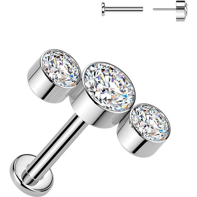 Tytan labret 3 okrągłe cyrkonie w oprawie bezel łuk push-in - Image 3