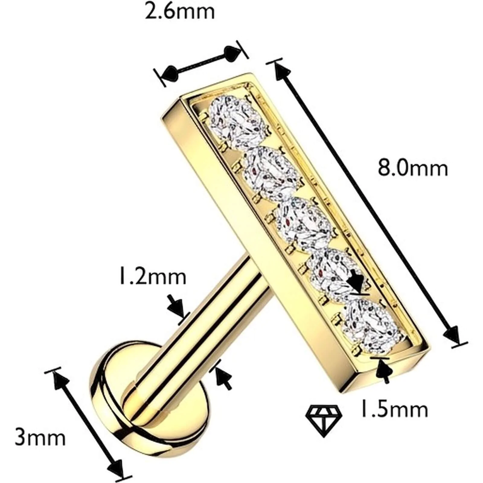 Labret 5 cyrkonii w rzędzie oprawa z pazurkami gwint wewnętrzny - Image 2