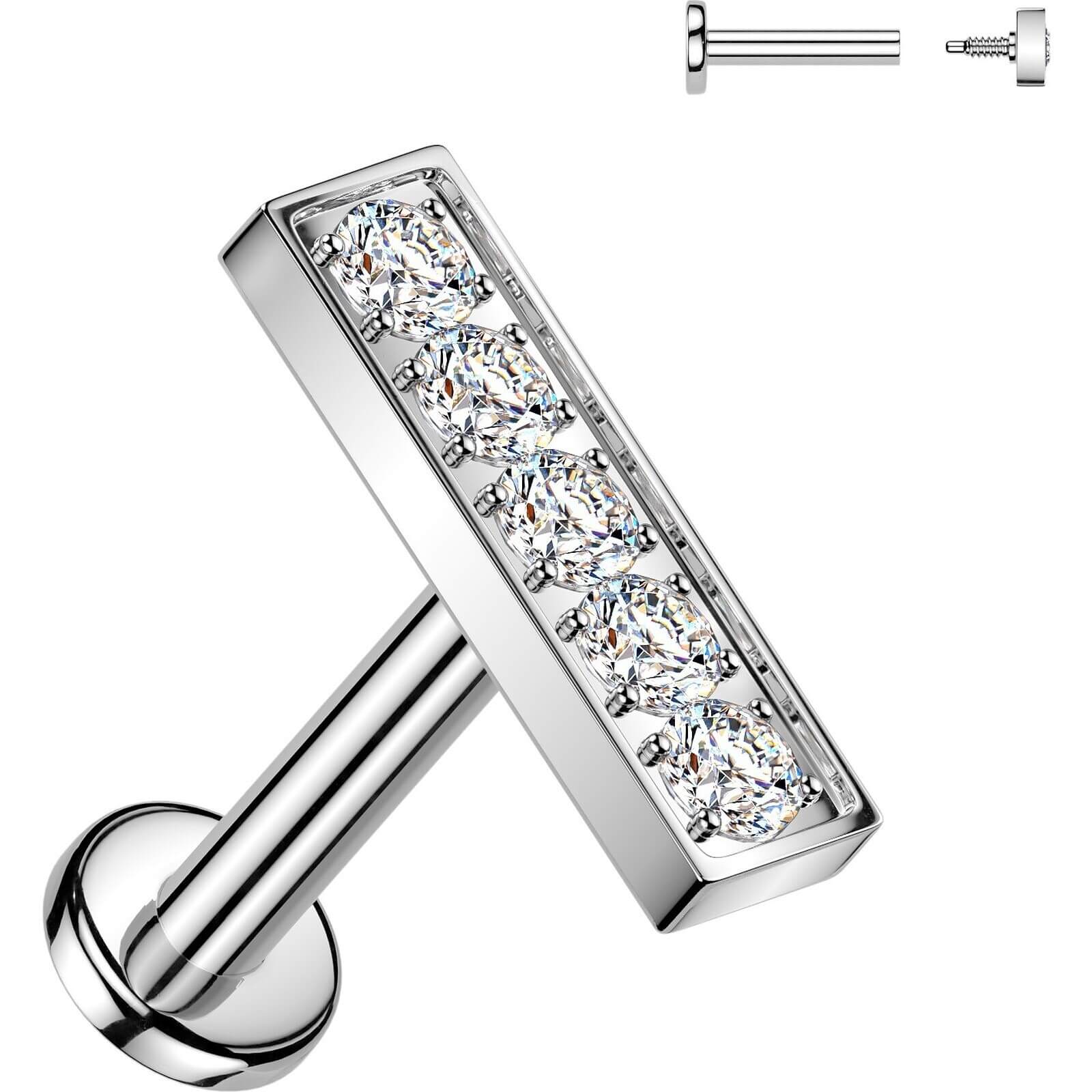 Labret 5 cyrkonii w rzędzie oprawa z pazurkami gwint wewnętrzny - Image 4