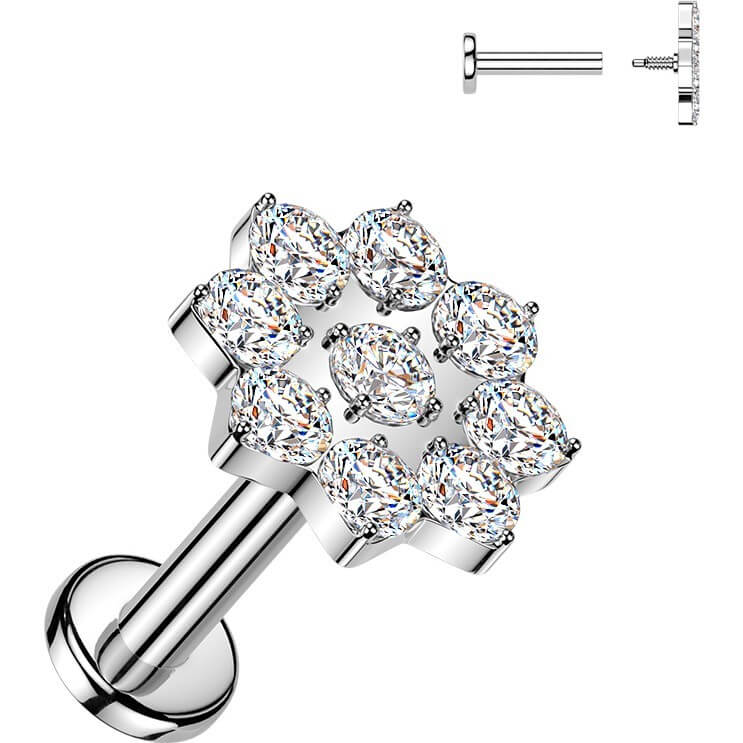 Labret kwiatek z 9 cyrkoniami gwint wewnętrzny - Image 4