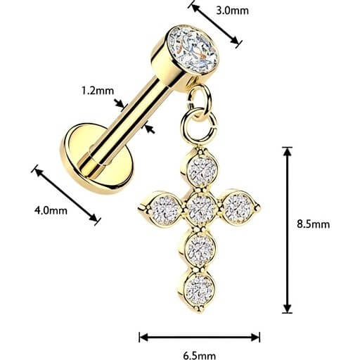 Labret wisior krzyż z cyrkonią oprawa bezel gwint wewnętrzny - Image 2