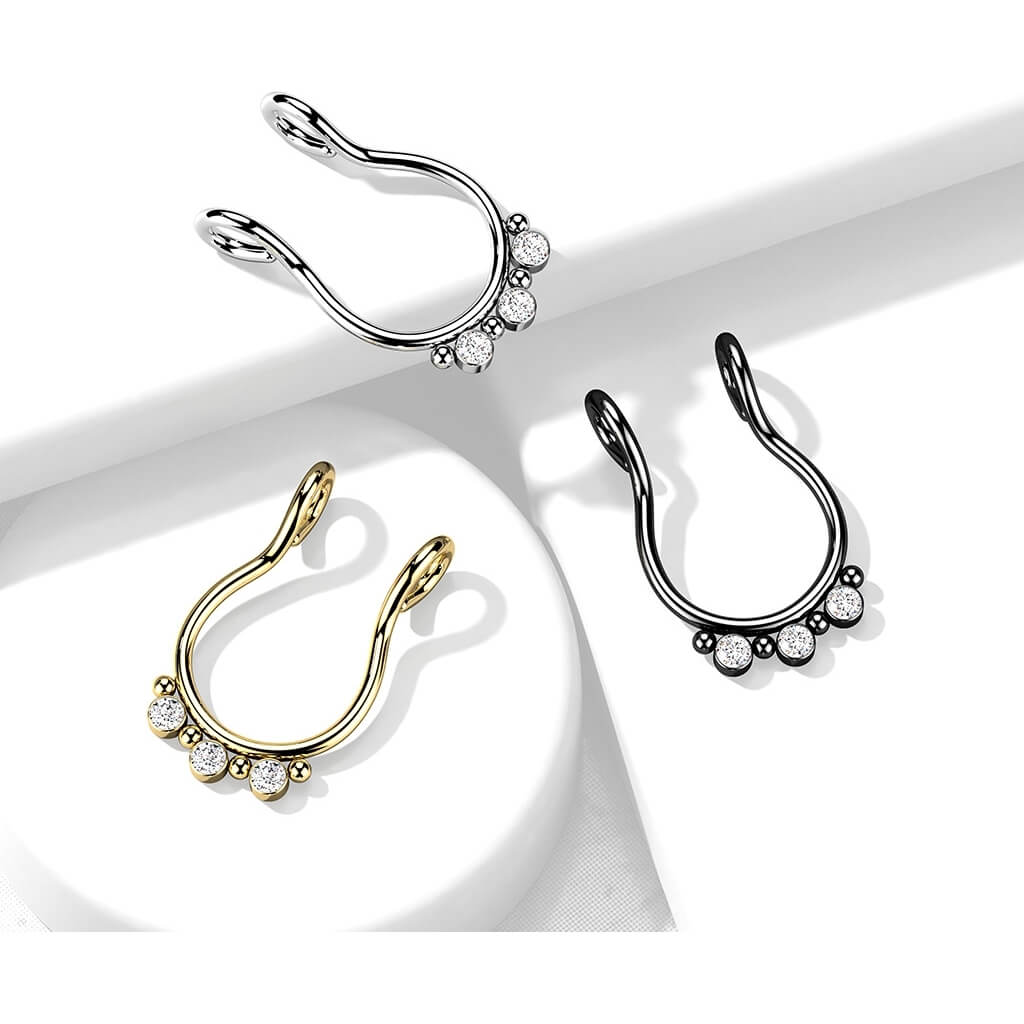 Fake piercing do nosa septum 3 cyrkonie płaski kolczyk rozginany - Image 3