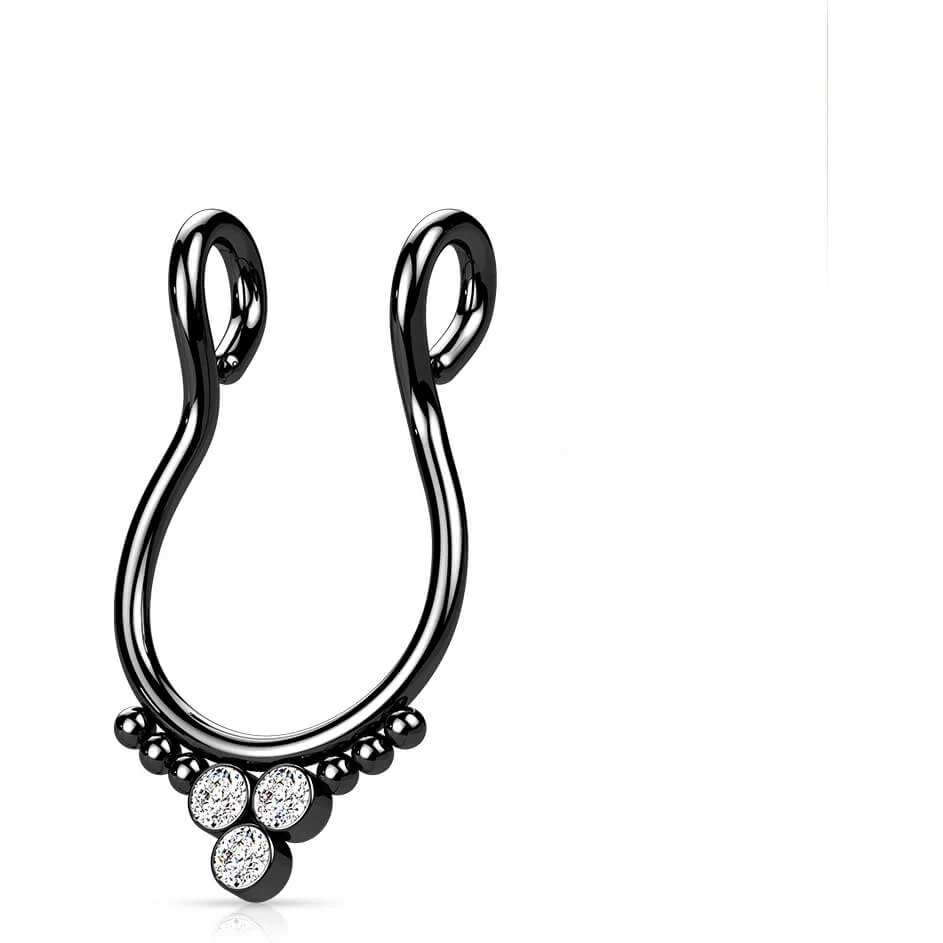 Fake piercing do nosa septum trójkąt 3 cyrkonie płaski kolczyk rozginany - Image 6