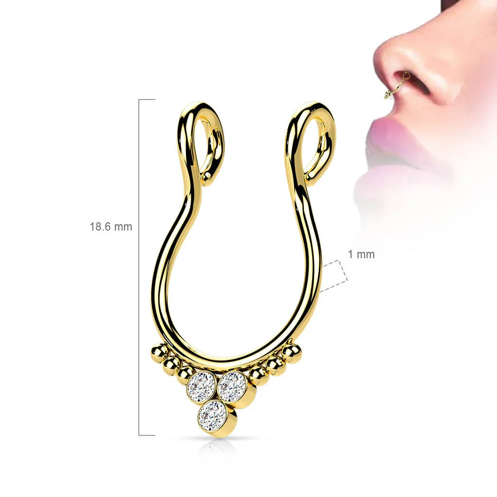 Fake piercing do nosa septum trójkąt 3 cyrkonie płaski kolczyk rozginany - Image 7