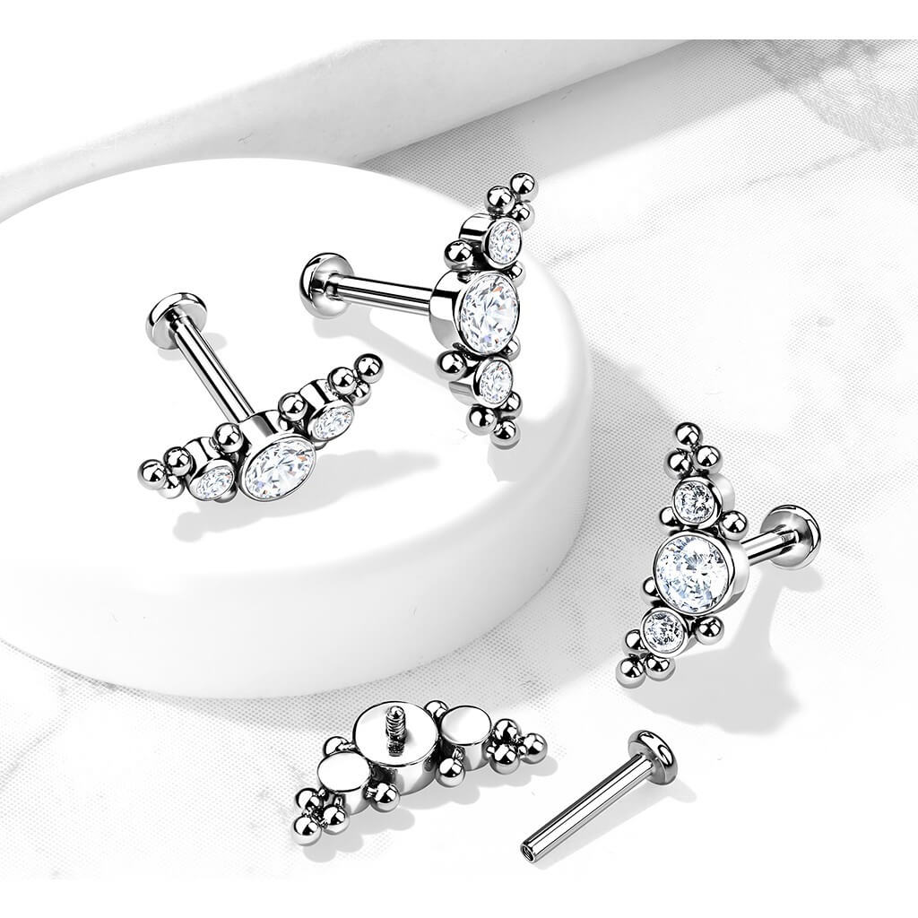 Tytan labret 3 cyrkonie płaski srebrny gwint wewnętrzny - Image 3