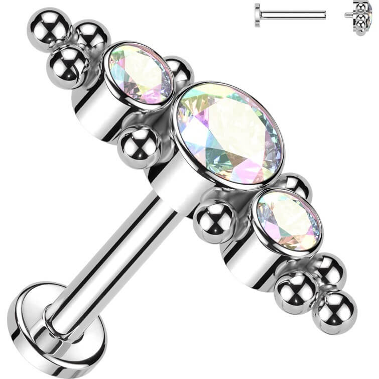 Tytan labret 3 cyrkonie płaski srebrny gwint wewnętrzny - Image 7